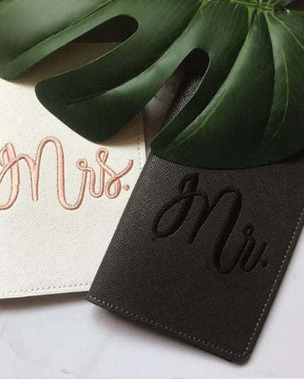 Mr and mrs passport covers and luggage tags gift set，Honeymoon embroidery Travel Luggage Tags Passport Cover for Wedding Bridal Shower Gift
