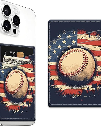 Phone Card Holder, Dual Pocket Leather Wallet Adhesive Stick On, Cute Credit Card Holder for Smartphones Case Compatible with Most Phone（American flag baseball）