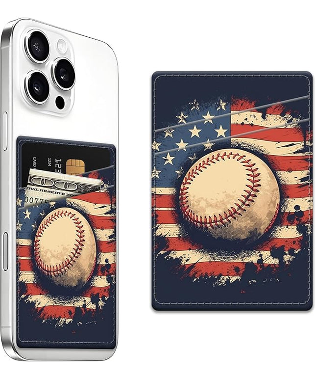 Phone Card Holder, Dual Pocket Leather Wallet Adhesive Stick On, Cute Credit Card Holder for Smartphones Case Compatible with Most Phone（American flag baseball）