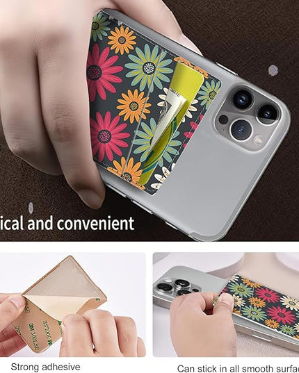 Phone Card Holder, Dual Pocket Leather Wallet Adhesive Stick On, Cute Credit Card Holder for Smartphones Case Compatible with Most Phone（Red flowers）
