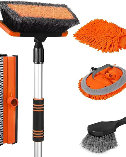 Wontolf 62'' Car Wash Brush with Long Handle, Scratch-Free Soft Bristles Sturdy Car Wash Mop, Complete Cleaning Brush Kit Wash Mitt Towel Windshield Squeegee Wheel Tire Brush for Car Truck RV Orange