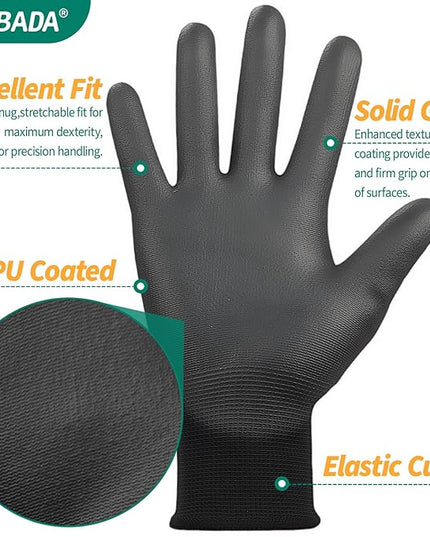 Kebada W1 Safety Work Gloves, PU Coated Touch Screen Work Gloves with Grip, Bulk Pack Working Gloves for Warehouse, Construction, Gardening and Mechanic Use, Black, 50 Pairs, Small
