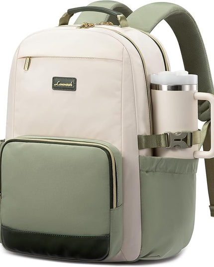 LOVEVOOK Laptop Backpack for Women with Pouch Pocket for Large Capacity Cup,18 Inch Laptop Computer Bag Travel Backpack Purse,Waterproof Work College Teacher Bags,White-Bean Green-Dark Olive Green
