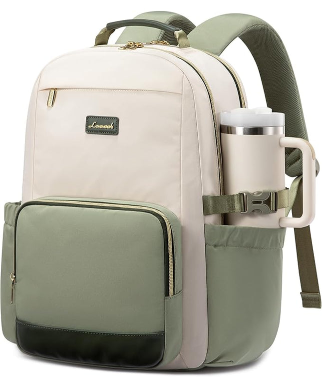 LOVEVOOK Laptop Backpack for Women with Pouch Pocket for Large Capacity Cup,18 Inch Laptop Computer Bag Travel Backpack Purse,Waterproof Work College Teacher Bags,White-Bean Green-Dark Olive Green
