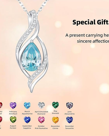 Birthstone Necklace gift for Women S925 Sterling Silver Teardrop with Cubic Zirconia- Birthday Jewelry gift for her, Girlfriend, Wife, Mom on Birthday, Anniversary
