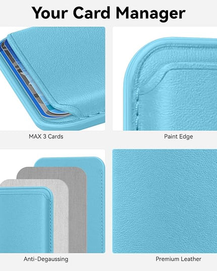 Magnetic Wallet Cell Phone Card Holder for Phone Case with Mag-Safe, Stronger Magnetic RFID Leather Phone Wallet Stick on Series of iPhone 17/16/15/14/13/12 and Pro/Promax, Light Blue
