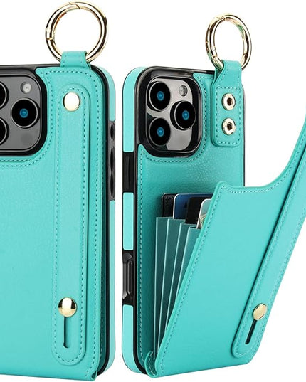 Folosu for iPhone 16 Pro Max Wallet Case with Card Holder, Hand Wrist Strap Loop Holder Kickstand, RFID Blocking Finger Grip Ring PU Leather Double Buttons Shockproof Cover 6.9" Green