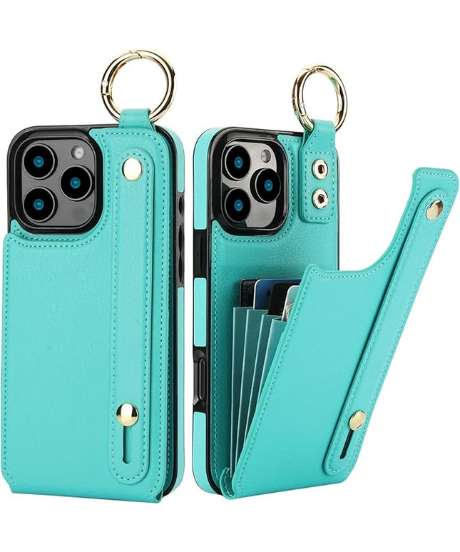 Folosu for iPhone 16 Pro Max Wallet Case with Card Holder, Hand Wrist Strap Loop Holder Kickstand, RFID Blocking Finger Grip Ring PU Leather Double Buttons Shockproof Cover 6.9" Green