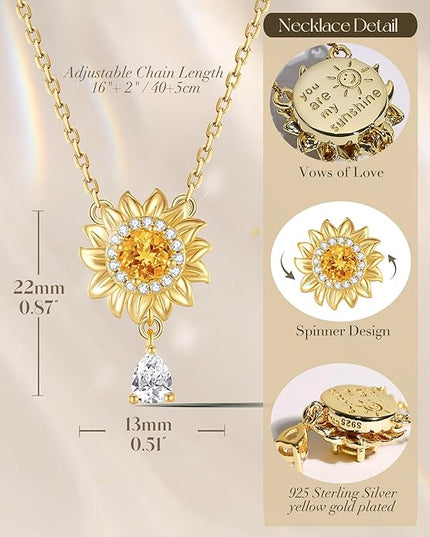 FANCIME Sunflower necklace Sterling Silver Yellow Gold Plated Spinning Anxiety Pendant for anti-stress, You Are My Sunshine Fidget Rotatable Jewelry Birthday Christmas Gifts for Women Wife Her