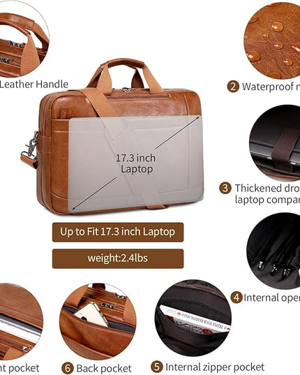 Faux Leather Messenger Bag for Men | 17-17.3 Inch Leather Mens Laptop Bag Leather Briefcasen Convertible Backpack 3 in 1 Computer Handbags Work Bag Shoulder Crossbody Bag Office | Vintage Brown