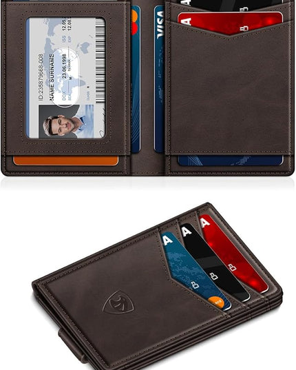 ZALVEX Wallet for Men Slim Leather Wallets for 12-15 Cards, Minimalist Thin RFID Blocking Card Holder with Money Clip & ID Window, Small Bifold Front Pocket Wallet, Gifts for Men