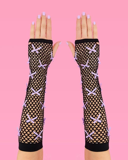 xo, Fetti Black + Purple Rhinestone Fishnet Bow Gloves | Pop Star, Rave Bachelorette, Birthday Girl Accessory, Guts Concert Party Decorations, Festival Supplies, Halloween Costume