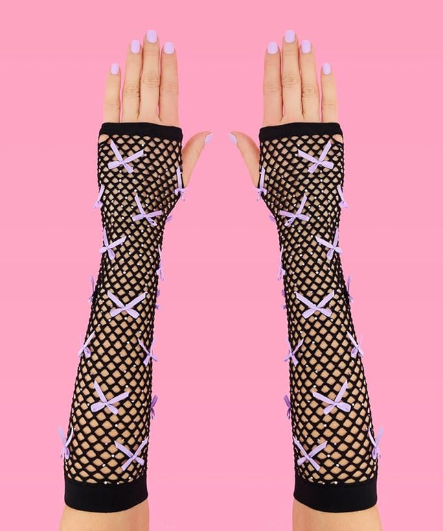 xo, Fetti Black + Purple Rhinestone Fishnet Bow Gloves | Pop Star, Rave Bachelorette, Birthday Girl Accessory, Guts Concert Party Decorations, Festival Supplies, Halloween Costume