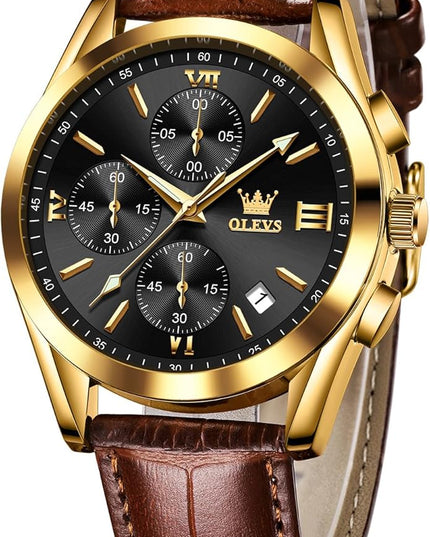 OLEVS Men's Chronograph Leather Watch, Big Face Easy to Read Analog Quartz Dress Watch, Casual Waterproof Luminous Hands Date Watches for Men, White/Blue/Black/Gold Dial