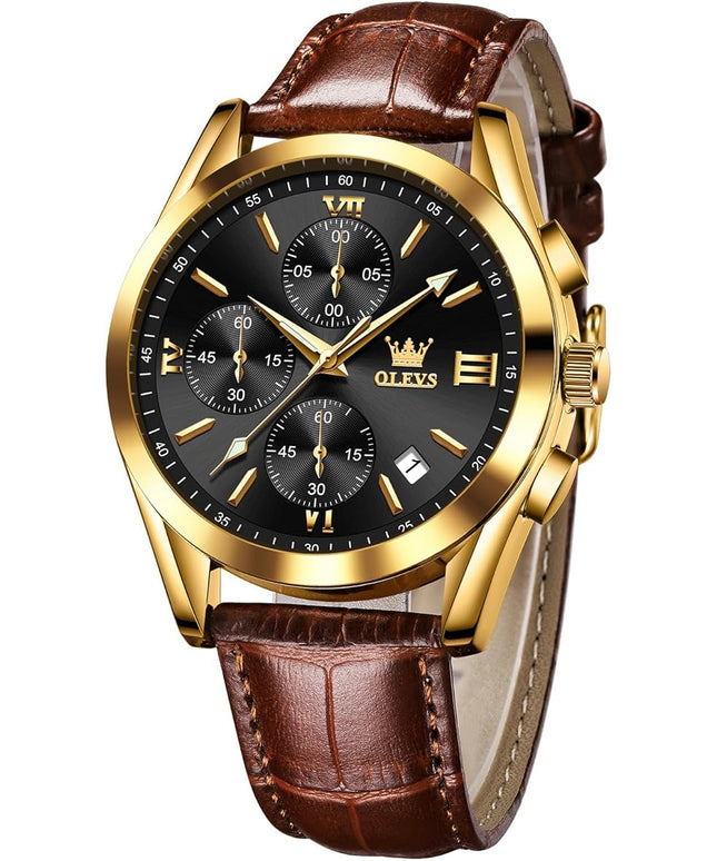 OLEVS Men's Chronograph Leather Watch, Big Face Easy to Read Analog Quartz Dress Watch, Casual Waterproof Luminous Hands Date Watches for Men, White/Blue/Black/Gold Dial