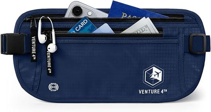 VENTURE 4TH Money Belt for Travel – Hidden Under-Clothes RFID Blocking Passport Holder & Slim Travel Wallet Pouch for Men & Women to Protect Cash, Cards & Documents (Navy Blue)
