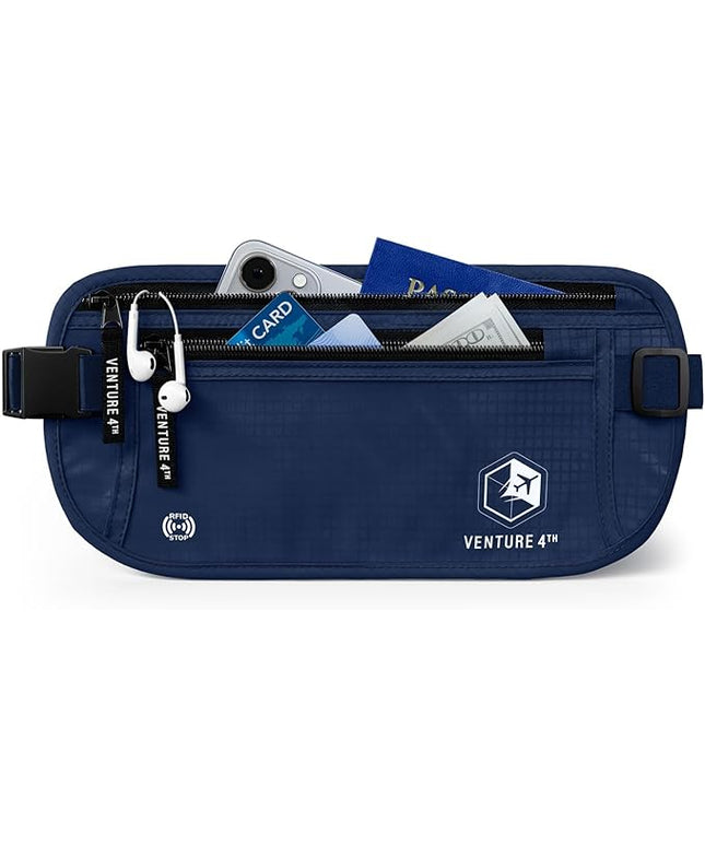 VENTURE 4TH Money Belt for Travel – Hidden Under-Clothes RFID Blocking Passport Holder & Slim Travel Wallet Pouch for Men & Women to Protect Cash, Cards & Documents (Navy Blue)