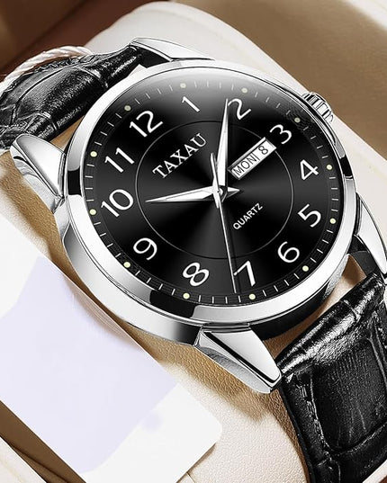 Men Dress Watch Waterproof Leather Watches for Men with Day Date Luxury Large Arabic Numerals Analog Quartz Classic Leather Watch Easy Read relojes para Hombres