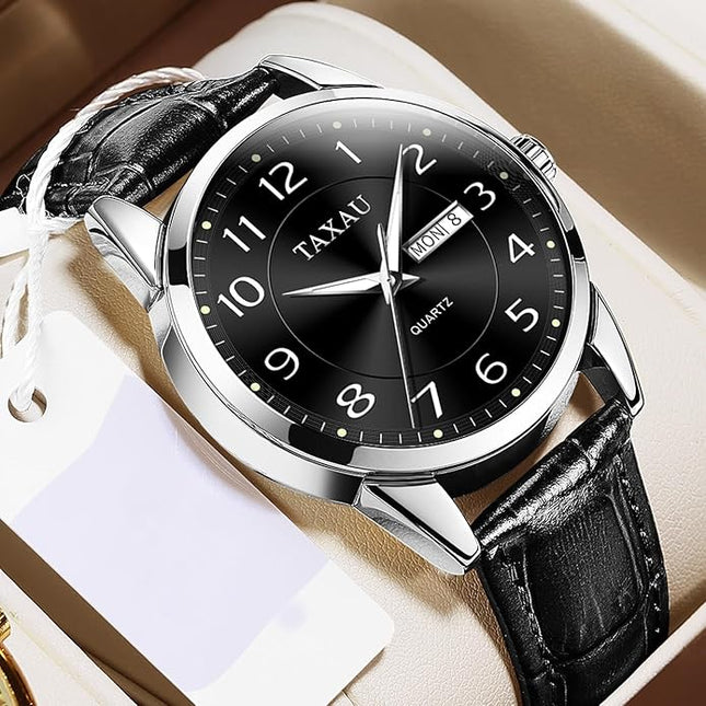 Men Dress Watch Waterproof Leather Watches for Men with Day Date Luxury Large Arabic Numerals Analog Quartz Classic Leather Watch Easy Read relojes para Hombres