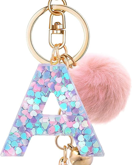 Resin Alphabet Initial Letter Keychain Keyring for Women Purse Handbags With Fur Ball Pom