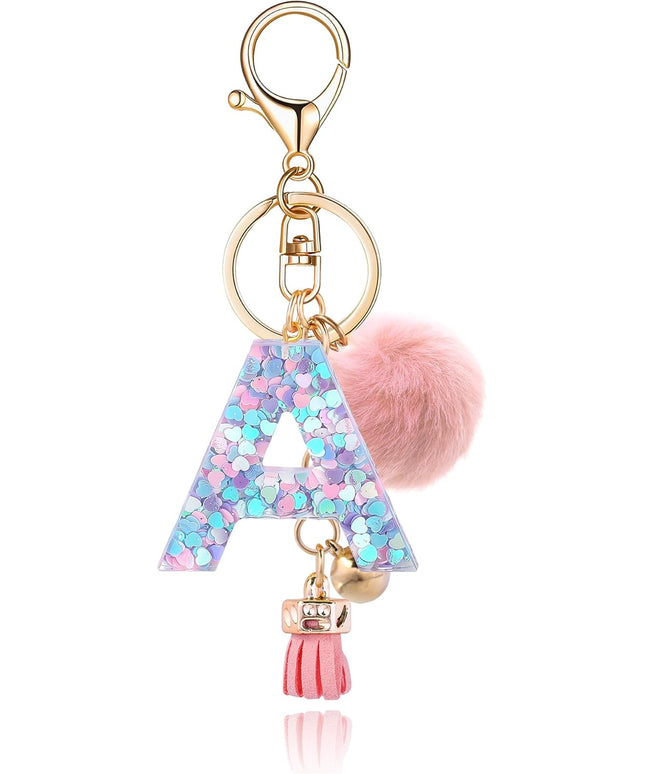 Resin Alphabet Initial Letter Keychain Keyring for Women Purse Handbags With Fur Ball Pom