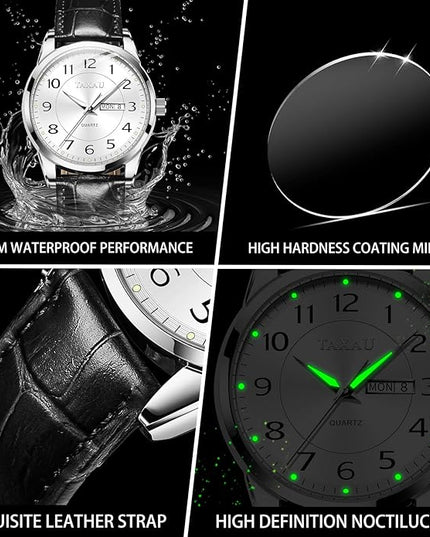 Men Dress Watch Waterproof Leather Watches for Men with Day Date Luxury Large Arabic Numerals Analog Quartz Classic Leather Watch Easy Read relojes para Hombres