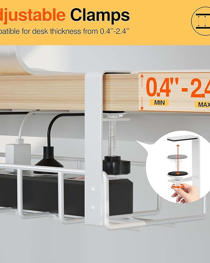 2 Pack Under Desk Tray, 31.4" No Drill Wire Management with Upgraded Clamp, Metal Cord Organizers for Desk, PC Cable Rack, White