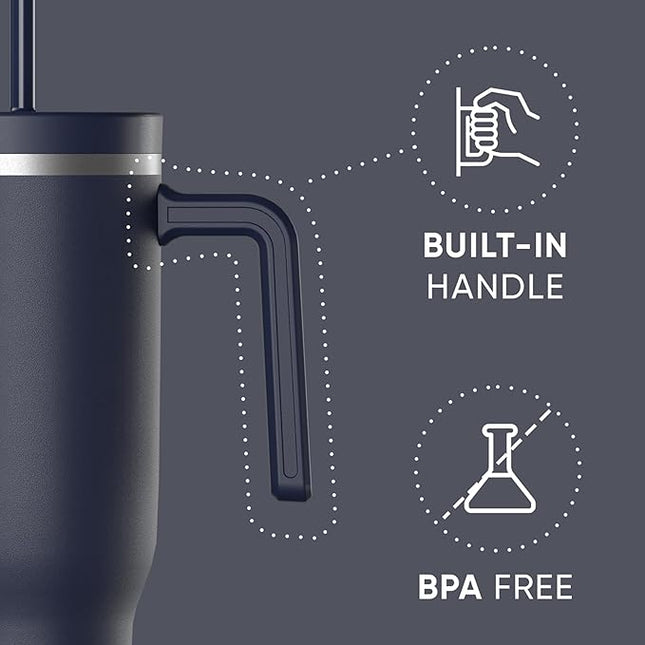 Hydrapeak Voyager 40 Oz Stainless Steel Tumbler with Handle, Insulated Water Bottle With Straw & Lid, Cupholder Friendly Reusable Travel Mug (Navy)