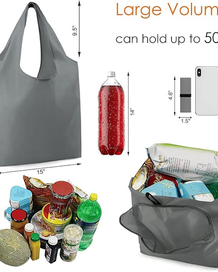 BeeGreen Grey Reusable Shopping Bags for Groceries 10 Pack Reusable Grocery Bags Washable 50LBS folding with Zipper Carry Pouch Tote Gift Bags Durable Polyester