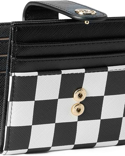 BOSTANTEN Slim Wallet for Women Small RFID Blocking Credit Card Holder Leather Bifold Wallets with Zipper Coin Pocket Black and White Checkered