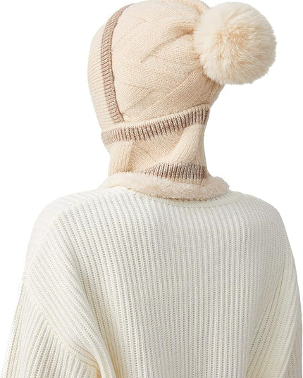 HUAMULAN Women Winter Beanie Hats One Piece Fleece Lined Knit Balaclavas Mask Set Skull Neck Circle Scarf Ski Snow Hat Pompom