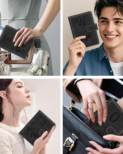 Passport Holder Wallet Cover Personalized Letter A-Z Travel Wallet RFID Blocking Passport Cover Wallet Case for Travel Passport Book Holders for Women and Men, Black-E