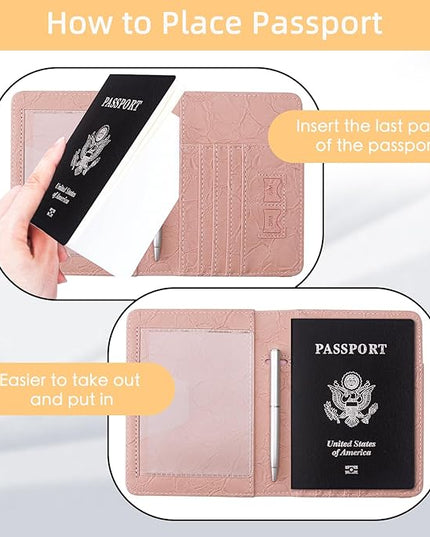WALNEW Passport Holder for Travel, RFID Passport Cover Wallet for Women Men, PU Leather Passport Book Card Holder Case with Pen (Upgraded, Upgraded-B-Pink)