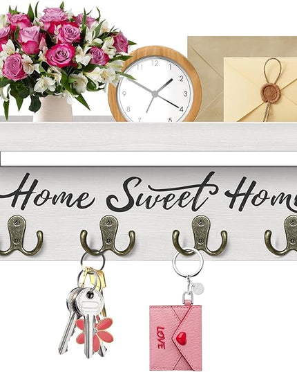 buways Wall-Mounted Key and Mail Holder, Wooden Key Rack with 4 Double Key Hooks, Rustic Home Decor for Entryway(White)