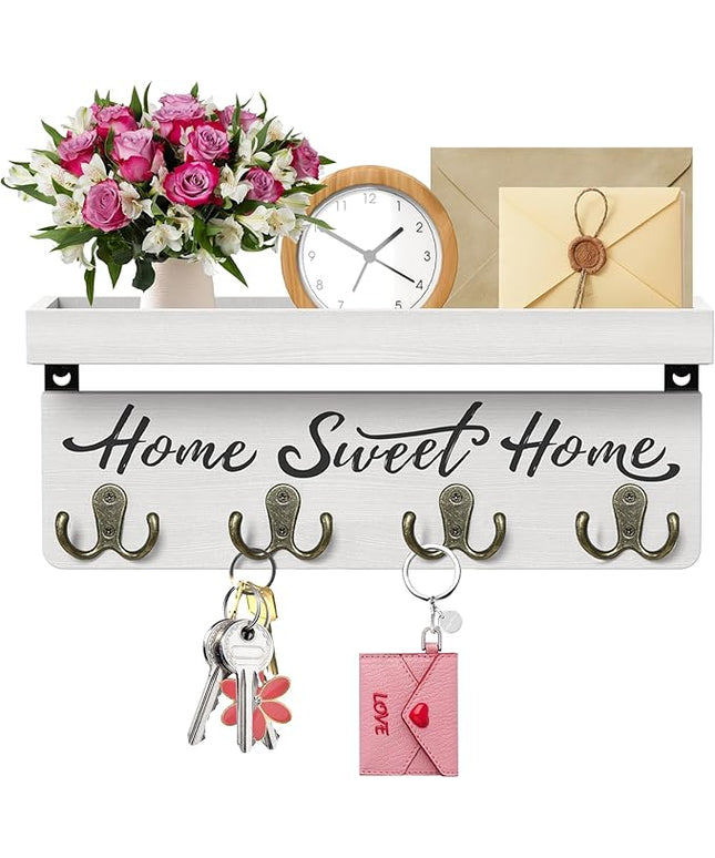 buways Wall-Mounted Key and Mail Holder, Wooden Key Rack with 4 Double Key Hooks, Rustic Home Decor for Entryway(White)