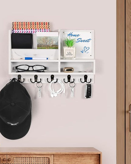 ClyraStor Key Holder Wall Mount, Mail Organizer Wall Mounted, Solid Wood Key Holder for Wall Living Room Entryway Home Decor, with 10 Key Hooks, Shelf, Marker Pen, 2 Installation Methods, 15" x 10"