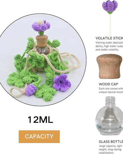 Handmade Crochet Hanging Car Air Freshener - Lucky 4-Leaf Clover Charm with 12ml Refillable Glass Essential Oil Diffuser Bottle, St. Patrick's Day Car Accessories & Bedroom Lucky Decor