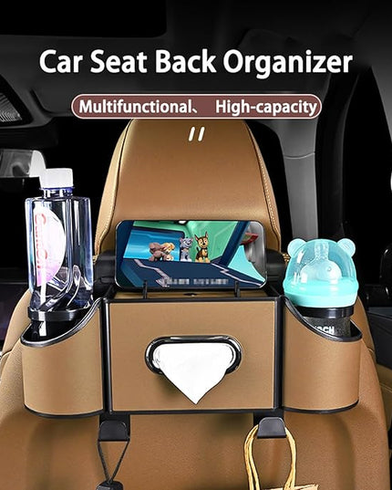 Back Seat Car Organizer,4 in 1 Multifunctional Car Back Seat Storage Box with Drink Cup Holder Tissue Box, for Hold Phone,Snacks, Drinks, Handbag-Light Brown