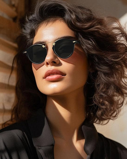 CARFIA Small Face Acetate Polarized Sunglasses for Women UV Protection, Retro Double Bridge Eyewears Metal Brow Round Sunnies