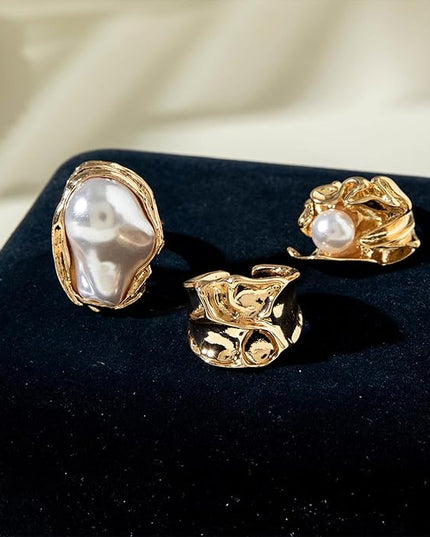 Chunky Gold Rings for Women Non Tarnish Statement Flower Ring Baroque Pearl Stackable Rings Set 6Pcs Chunky Jewelry