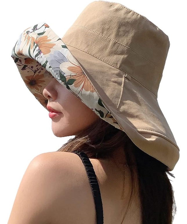HUAMULAN Women Summer Sun Hat Wide Brim Wired Edge Floral Beach Bucket Hats Reversible Foldable Travel UV Protection Lady Hat