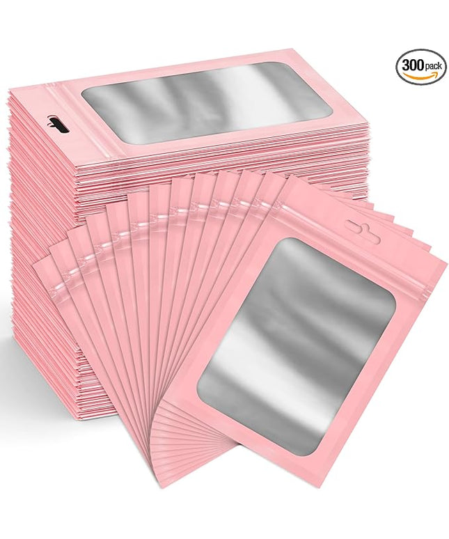 Funfery 300 Pack Smell Proof Resealable Bags for Food Storage,Mylar Clear Bags 4x6 Pink Packaging Bag- Edibles,Odorless Scent Proof Bag for Cookies, Zip Foil Pouch for Small Business