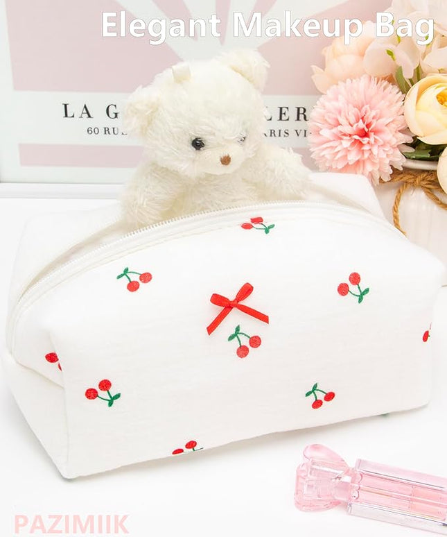 PAZIMIIK Cozy Makeup Bag Small Aesthetic Travel Zipper Cosmetic Pouch for Women Make Up Beauty Accessories Brushes,Cherry White
