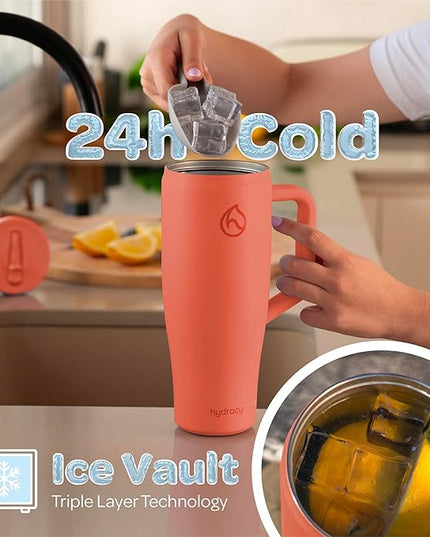 Hydracy 40oz Tumbler with Flip Straw Stainless Steel Insulated Water Bottle with Handle, Reusable Leakproof Rotatable Lid for Left or Right Hand Use, Cupholder Friendly Rubber Base - Coral Crush