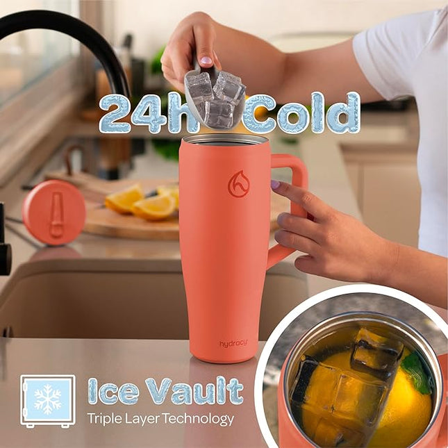 Hydracy 40oz Tumbler with Flip Straw Stainless Steel Insulated Water Bottle with Handle, Reusable Leakproof Rotatable Lid for Left or Right Hand Use, Cupholder Friendly Rubber Base - Coral Crush