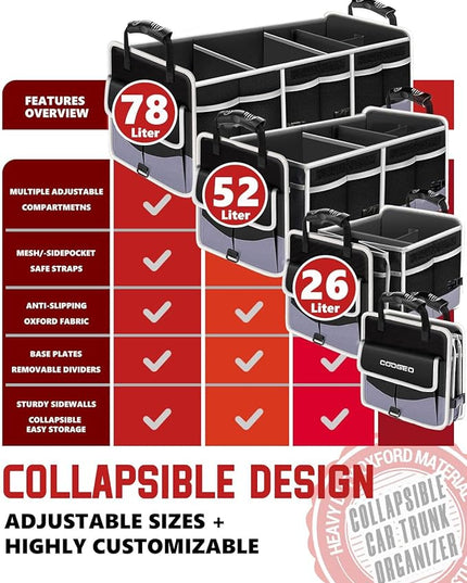 Car Trunk Organizer with Portable Leak Proof Cooler Bag, 3 Compartments Collapsible Car Organizers and Storage with Foldable Cover, Christmas Gifts, Suitable for SUV, Auto, Truck, Minivan
