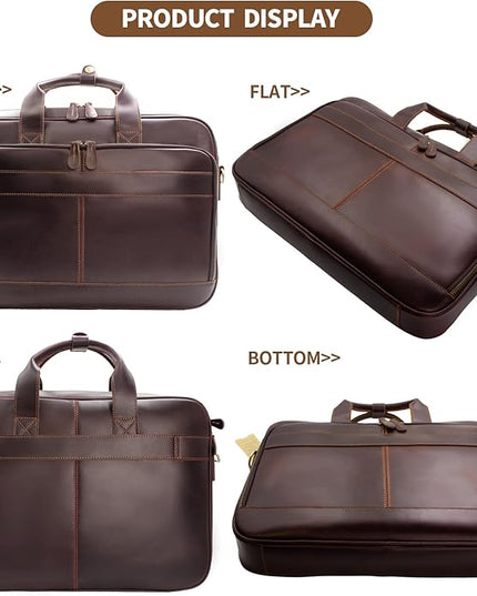 Jack&Chris Full Grain Leather Briefcase for Men, Business Messenger Bag Laptop Bag Attache Case, Fits 15.6 Inch Laptop