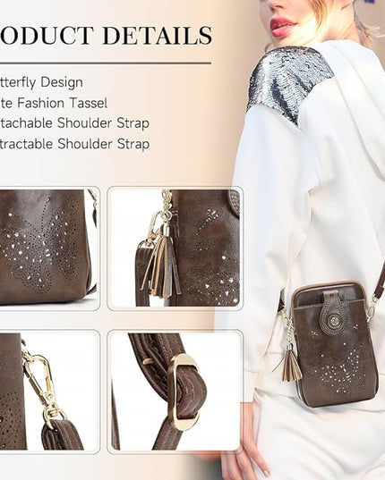 Small Crossbody Bags for Women, Lightweight Mini Cute Cell Phone Purse for Women with Tassel Shining Butterfly