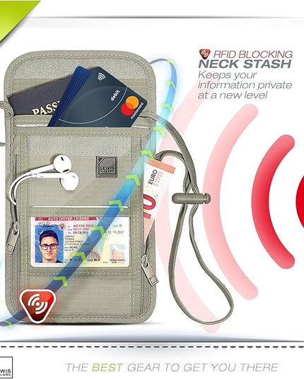 Lewis N. Clark RFID Blocking Stash Neck Wallet, Travel Pouch + Passport Holder for Women & Men, Taupe