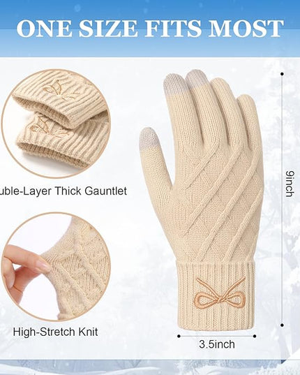 Liitrsh Women Winter Gloves with Embroidery Bow Touchscreen Warm Elastic Knit Lining Gloves for Cold Weather Gift